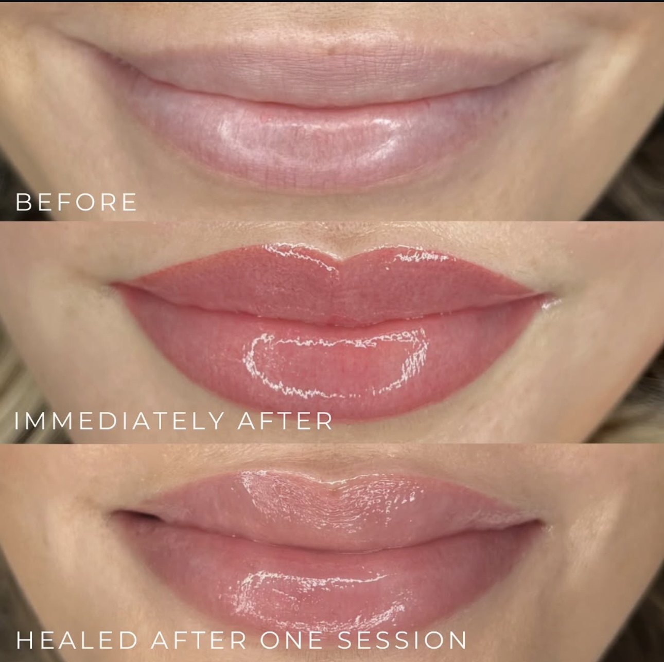Healed lip blush cosmetic tattoo at Maison Montclair